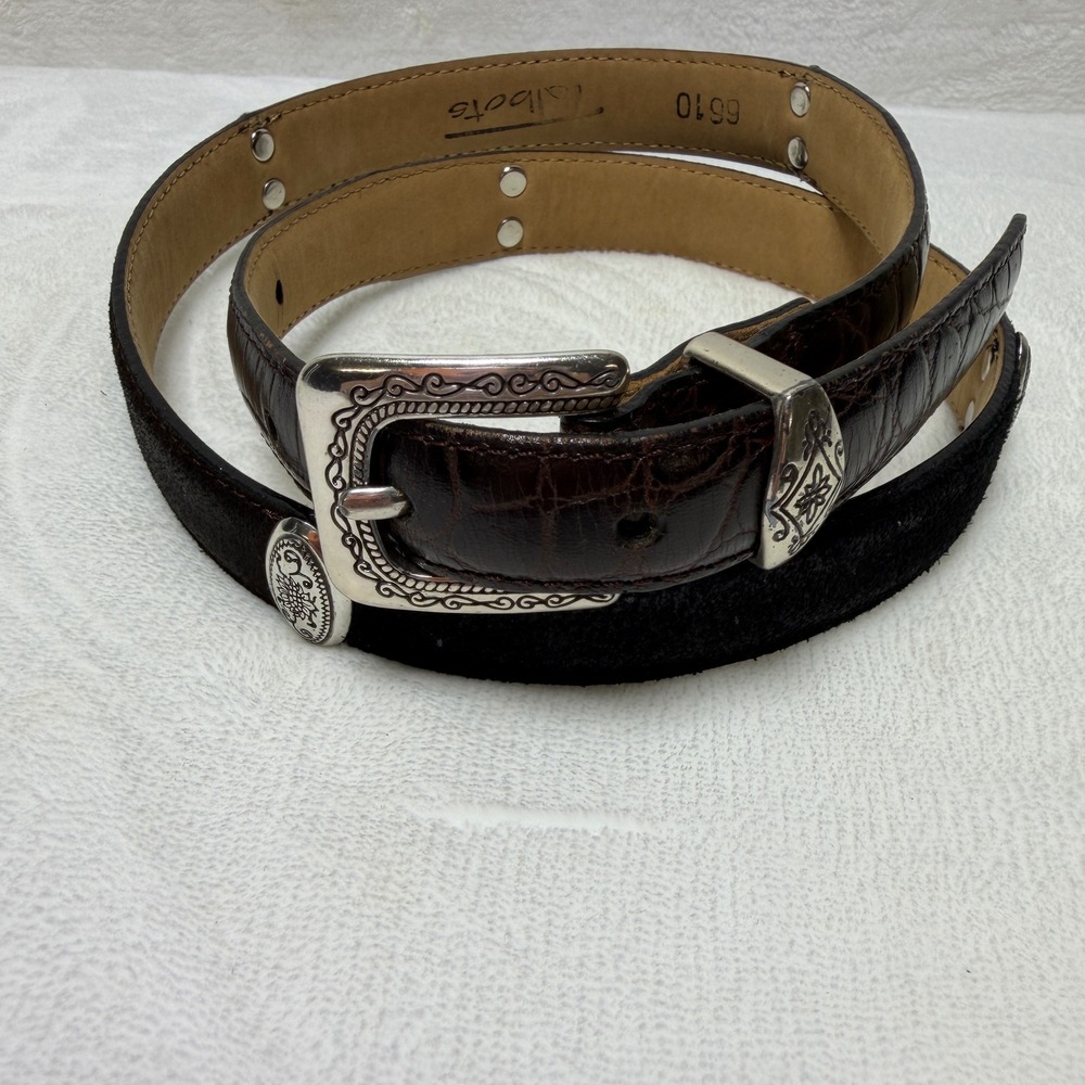 Talbots Brown Crocodile Embossed Leather Belt Silver Ornate Buckle Medium Career